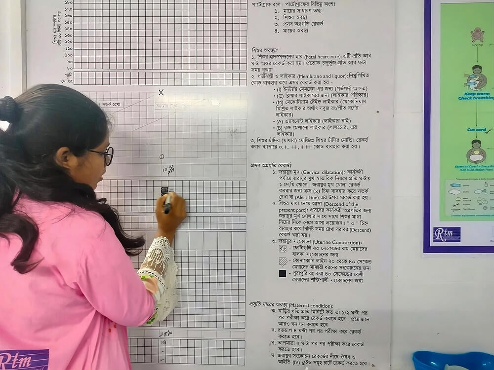 Arafin Mim tracks the progress and condition of her patients in labor and the condition of the fetus. 