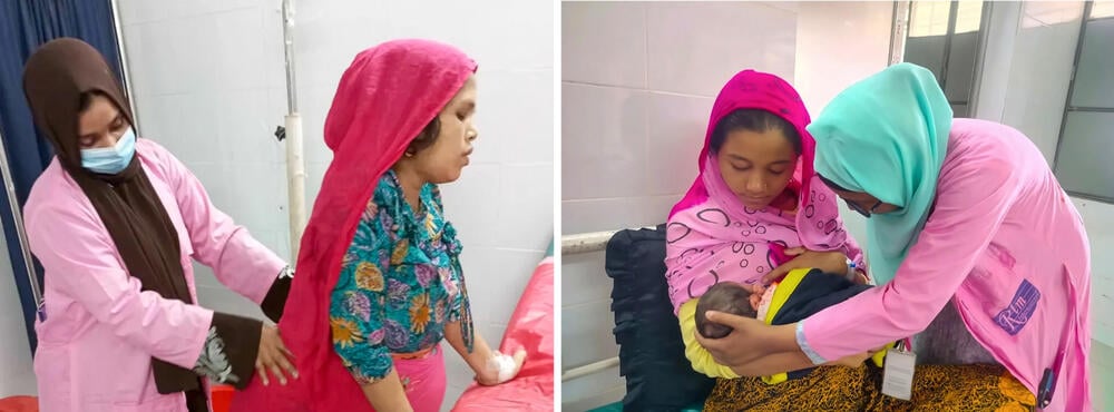 Left photo: Midwife Nadia Nourin encourages movement and exercise during a woman’s labor.  Right photo: Midwife Tamanna Jahan provides a breastfeeding consultation to a mother nursing her newborn.