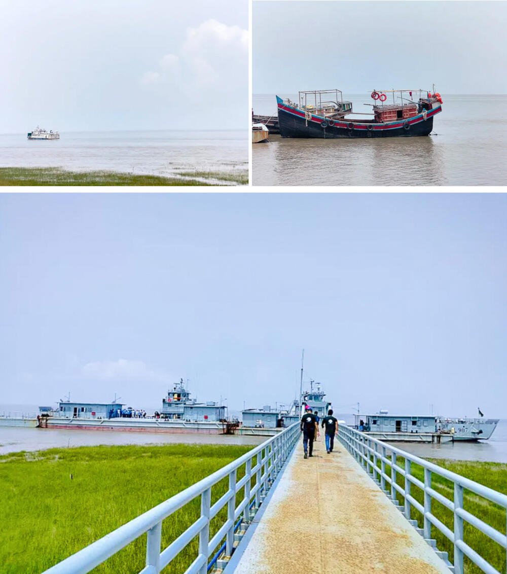 Navy Frigates travel between Bhasan Char and Chattogram twice per week. The smaller boats, like the trawler (lower left corner) and sea truck (lower middle photo), are less reliable and can pose a safety risk. All boats are subject to weather delays and cancellations.