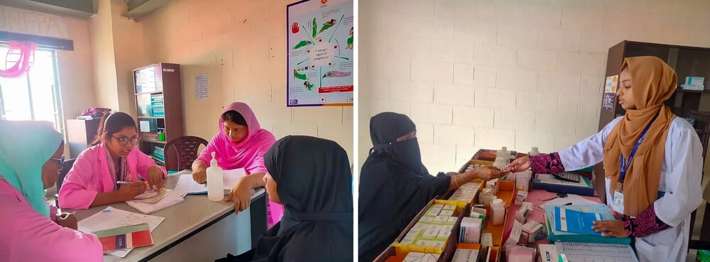 Left photo, from left to right: Tamanna Jahan, Arafin Mim, and Ayenu Khai provide nutrition counseling. Right photo: Midwife Tamanna Akter distributes iron supplements. 