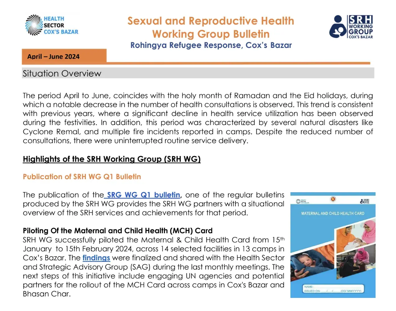 Sexual and Reproductive Health Working Group Bulletin Rohingya Refugee Response (April - June 2024)